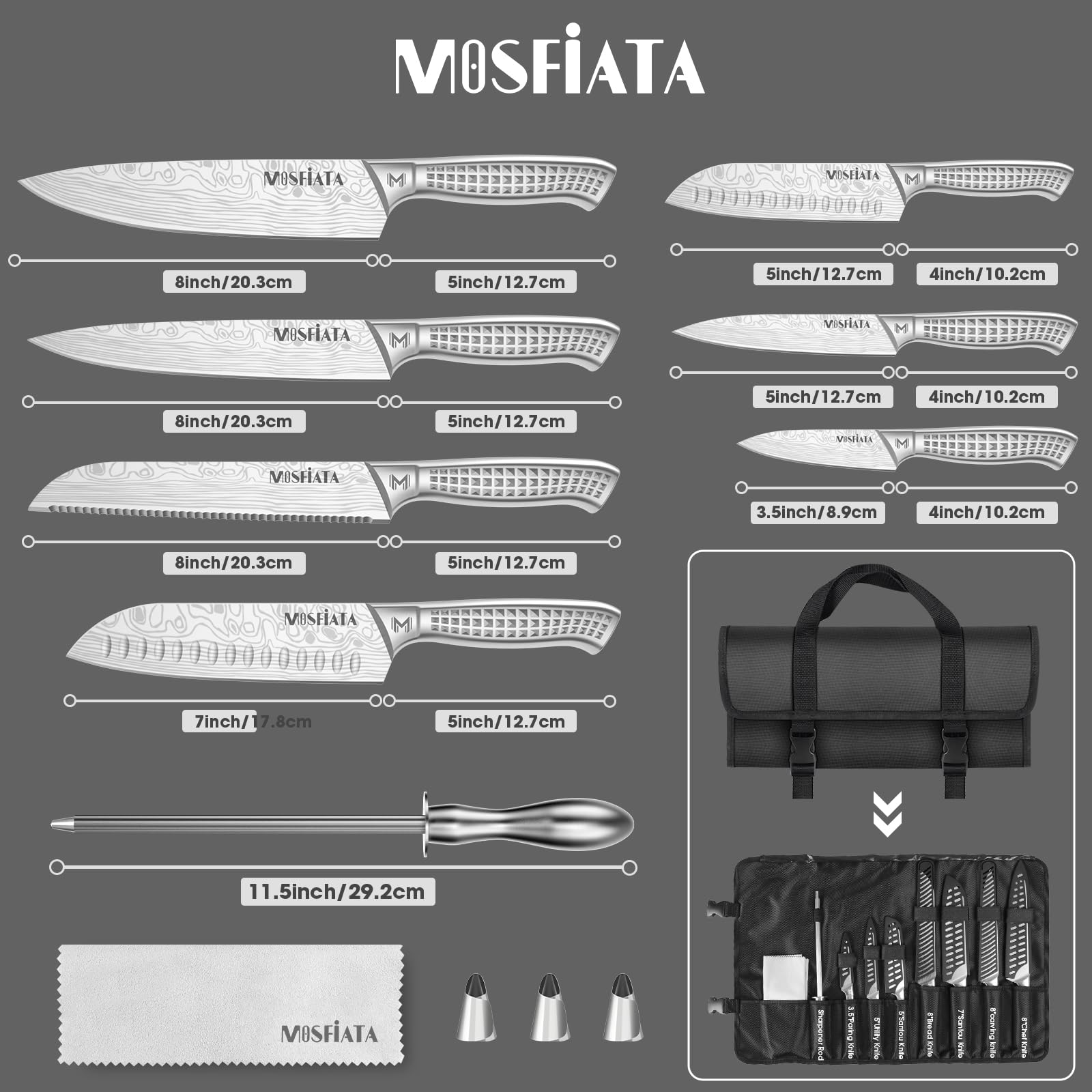 MOSFIATA 包丁セット - 【牛刀・菜切り包丁・三徳包丁】12個セット